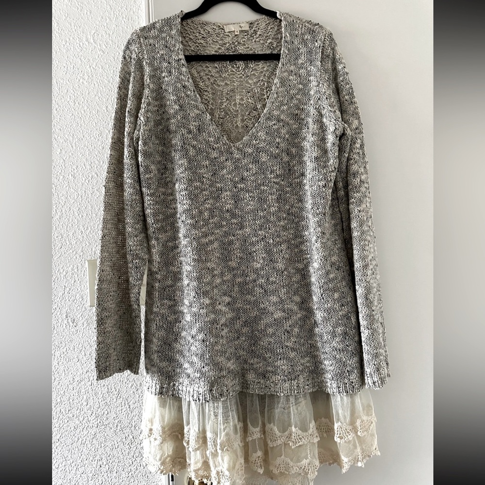 *Like New* RYU grey speckled sweater dress with attached cream colored lace hem.
